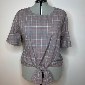 Plaid Tie-Front Top Bell Sleeves Kontrol